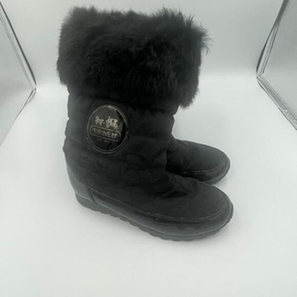 Coach Joyous A7303 Black Signature Logo Mid-Calf Snow Zip Boots 6 Fur Trim - Picture 4 of 8